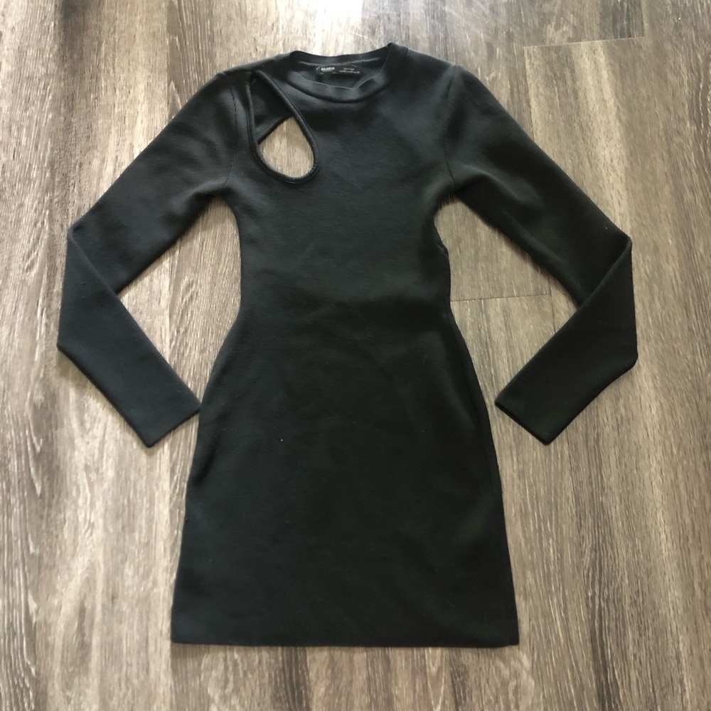 Pull&Bear Black Ribbed Knit Long Sleeve Cutout Mini Dress XS